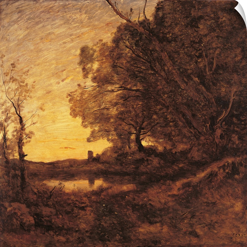 Evening. Distant Tower, by Jean-Baptiste-Camille Corot, 1865 - 1870 about, 19th Century, oil on canvas, cm 109 x 116 - Fra...
