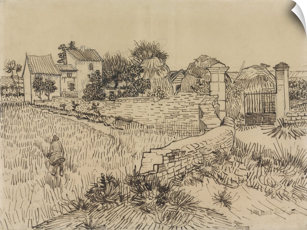 Farm in Provence, by Vincent van Gogh, c. 1888, Dutch drawing, pencil, pen and ink on paper. Drawn with van Gogh's distinc...