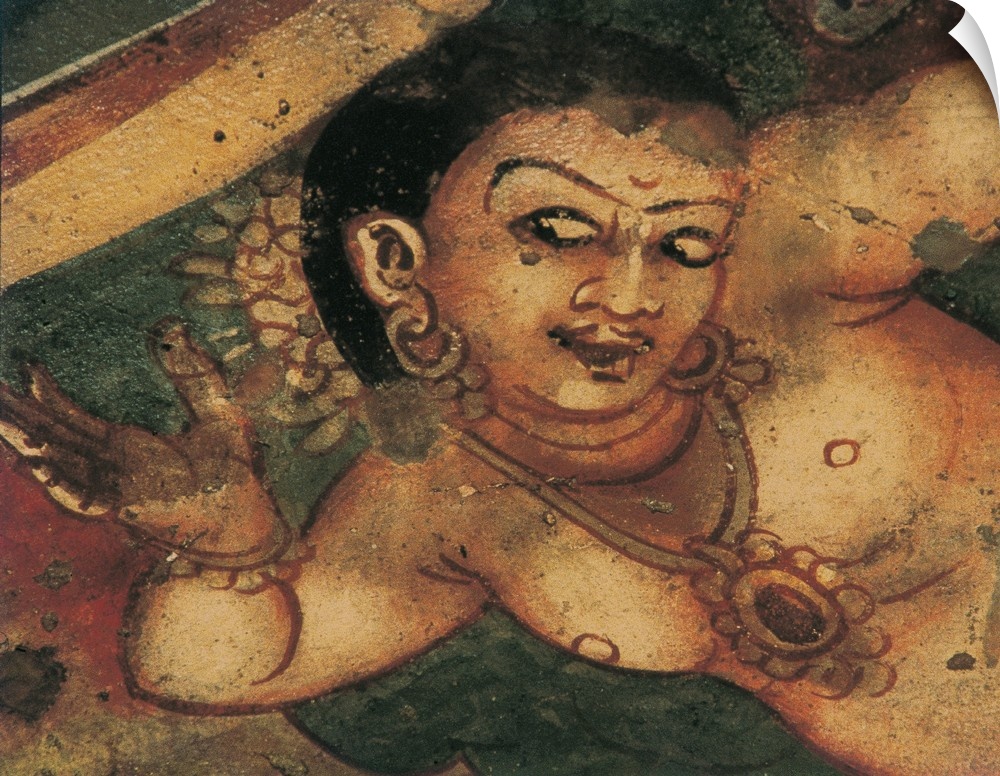 INDIA. Ajanta. Ajanta Caves. Detail with a feminine figure. Wall painting inside the cave n. 2 (5th-6th c.). Hindu art. Gu...