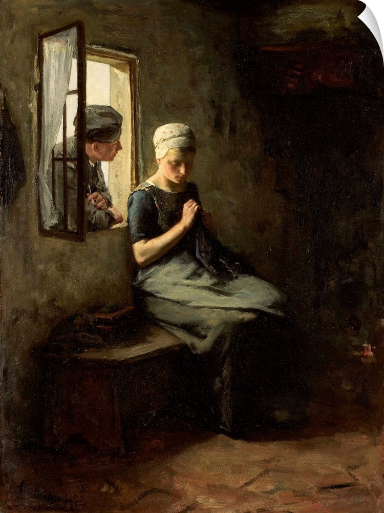 Fisherman's Courtship, by Albert Neuhuys, 1880. Dutch painting, oil on canvas. A young man leaning in a window to talk to ...
