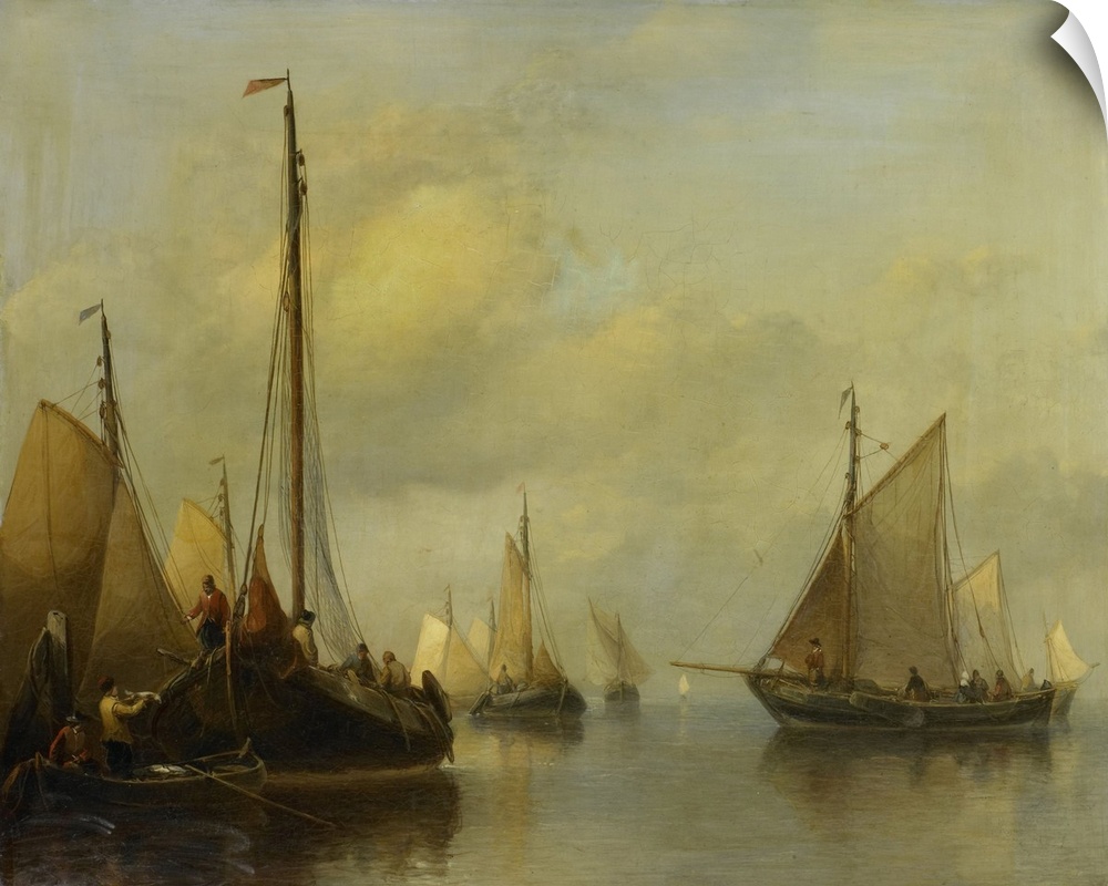 Fishing Boats on Calm Water, by Antonie Waldorp, 1840-50, Dutch painting, oil on panel. At left the catch is transferred t...