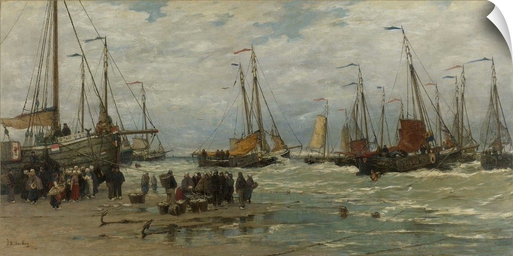 Fishing Pinks in Breaking Waves, by Hendrik Willem Mesdag, c. 1875-85, Dutch painting, oil on canvas. Fishing boats beache...