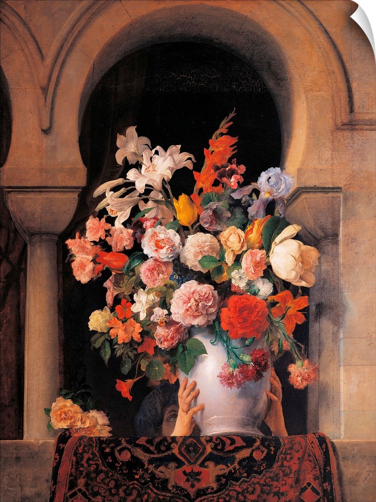 Flowers, by Francesco Hayez, 19th Century, oil on canvas, cm 125 x 94,5 - Italy, Lombardy, Milan, Brera art gallery. Vase ...