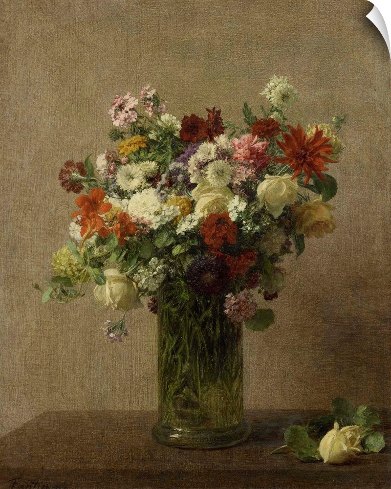Flowers from Normandy, by Henri Fantin-Latour, 1887, French impressionist painting, oil on canvas. Bouquet of flowers in a...