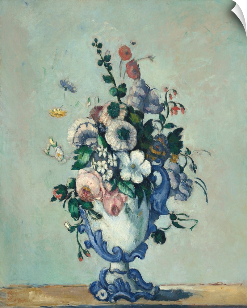 Flowers in a Rococo Vase, by Paul Cezanne, 1876, French Post-Impressionist painting, oil on canvas. Cezanne's pallet becam...