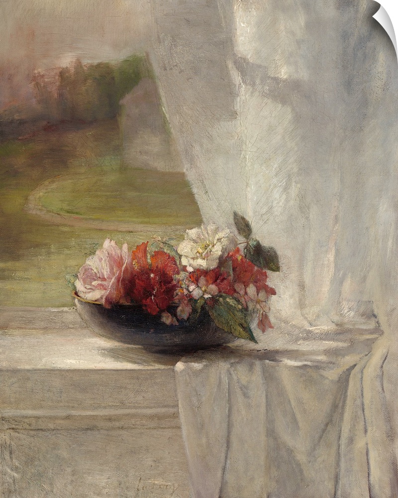 Flowers on a Window Ledge, by John La Farge, 1861, American impressionist painting, oil on canvas. La Farge paints with a ...
