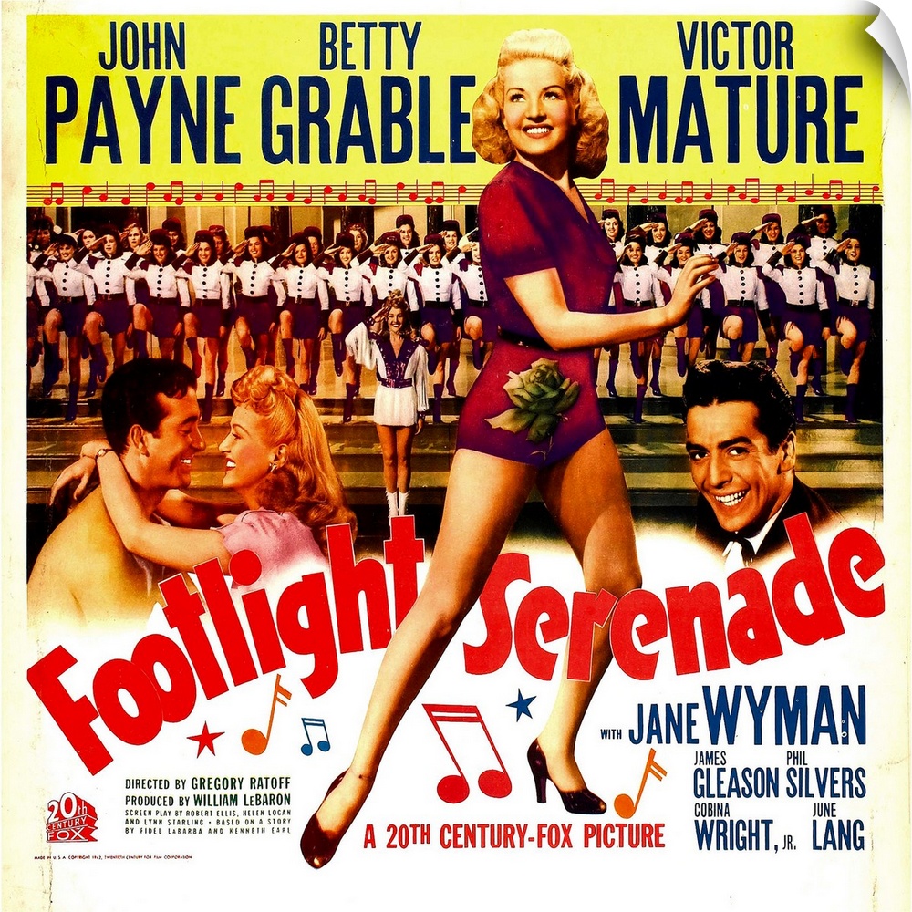 FOOTLIGHT SERENADE, from left: John Payne, Betty Grable, Victor Mature on window card, 1942, TM and Copyright .20th Centur...