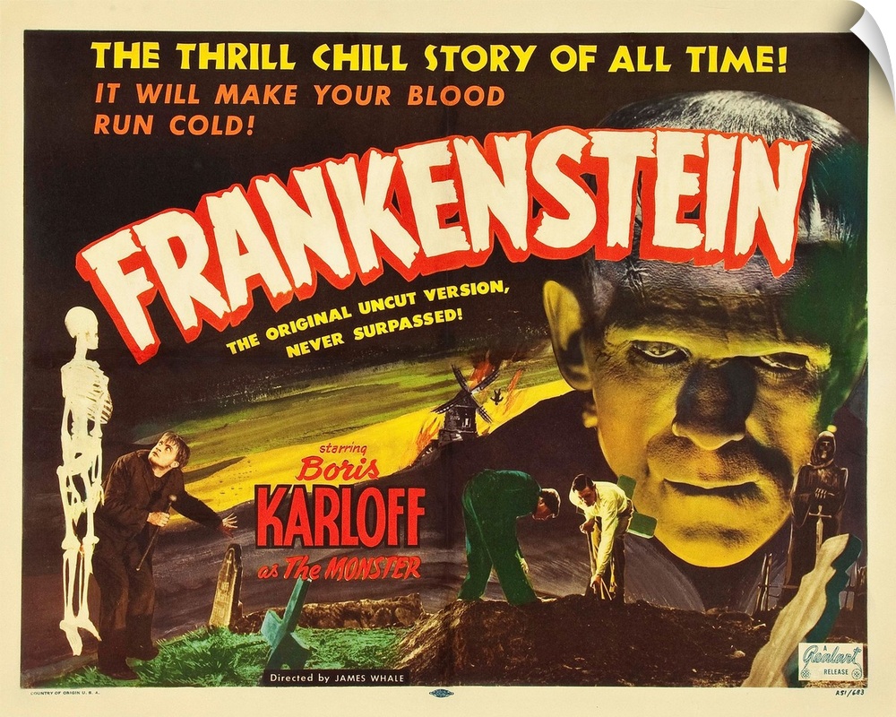 Frankenstein, L-R: Dwight Frye, Dwight Frye, Colin Clive, Boris Karloff On 1951 Re-Release Title Card, 1931.