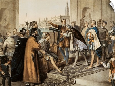 Galileo Demonstrates his Telescope. 1609. 19th c. Lithograph by L. Turgis