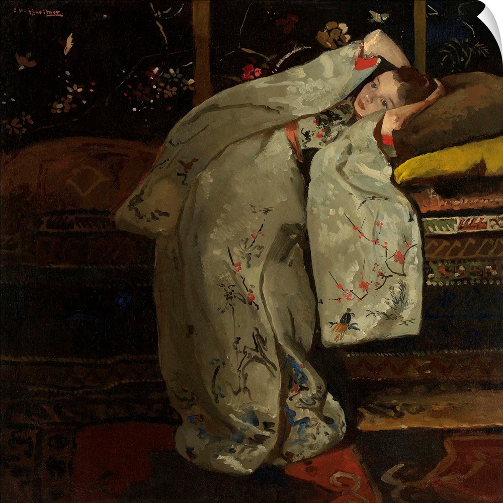 Girl in a White Kimono, by George Hendrik Breitner, 1894, Dutch painting, oil on canvas. White silk kimono with red-trimme...
