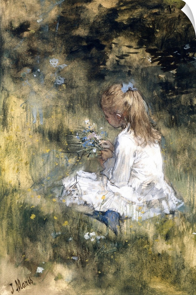 Girl with Flowers on the Grass, by Jacob Maris, 1878, Dutch watercolor painting, drawing with chalk. A girl in a white dre...