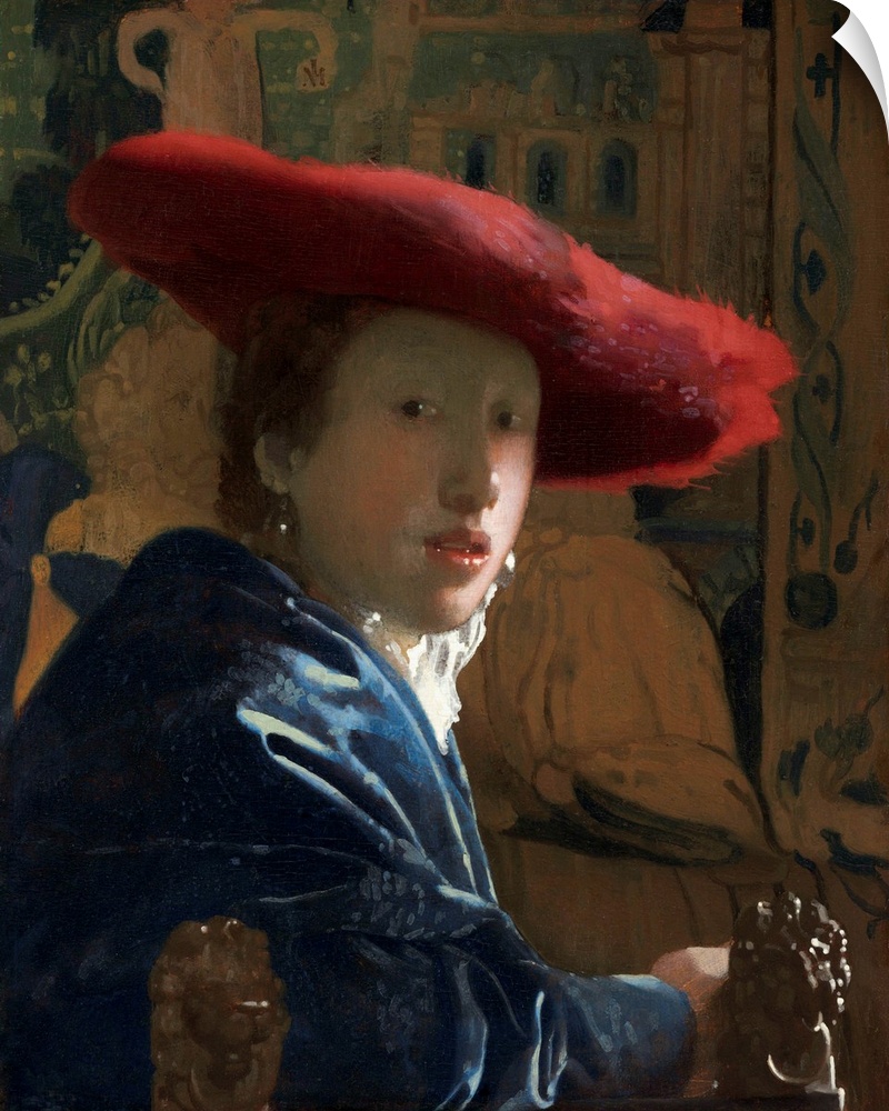Girl with the Red Hat, by Johannes Vermeer, c. 1665-66, Dutch painting, oil on canvas. Portrayed with spontaneity and info...