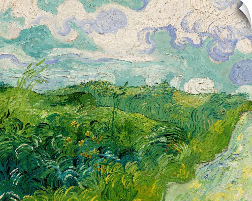Green Wheat Fields, Auvers, by Vincent van Gogh, 1890, Dutch Post-Impressionist painting, oil on canvas. Painted in the la...