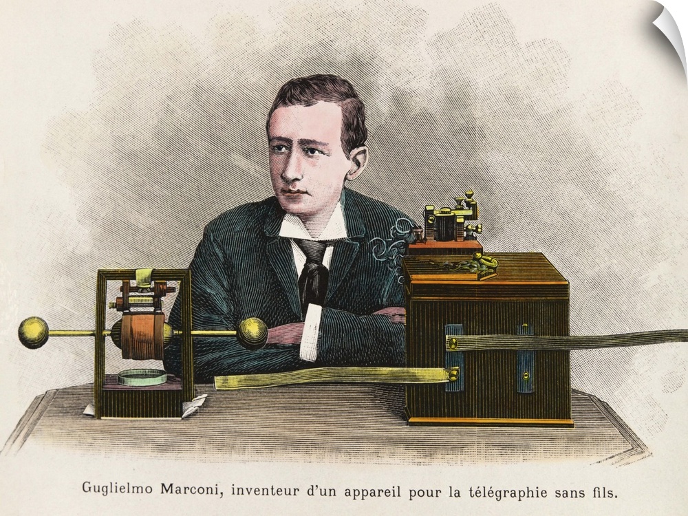 Engraving. Portrait de Guglielmo Marconi, Italian Physicist, who invented the radio telegraph system. Private Collection. ...