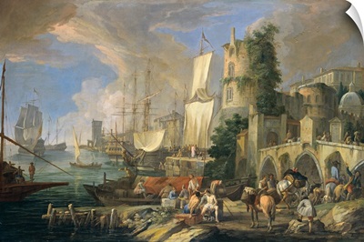 Harbor View with Bridge and Tower, and Ships, Italian painting by Luca Carlevaris, 1713
