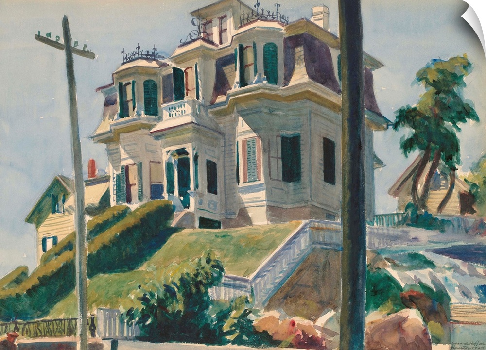 Haskell's House, by Edward Hopper, 1924, American painting, watercolor over graphite drawing. Large, ornate Second Empire ...