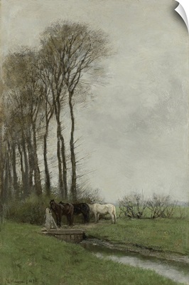 Horses at the Gate, by Anton Mauve, 1878, Dutch painting, oil on canvas