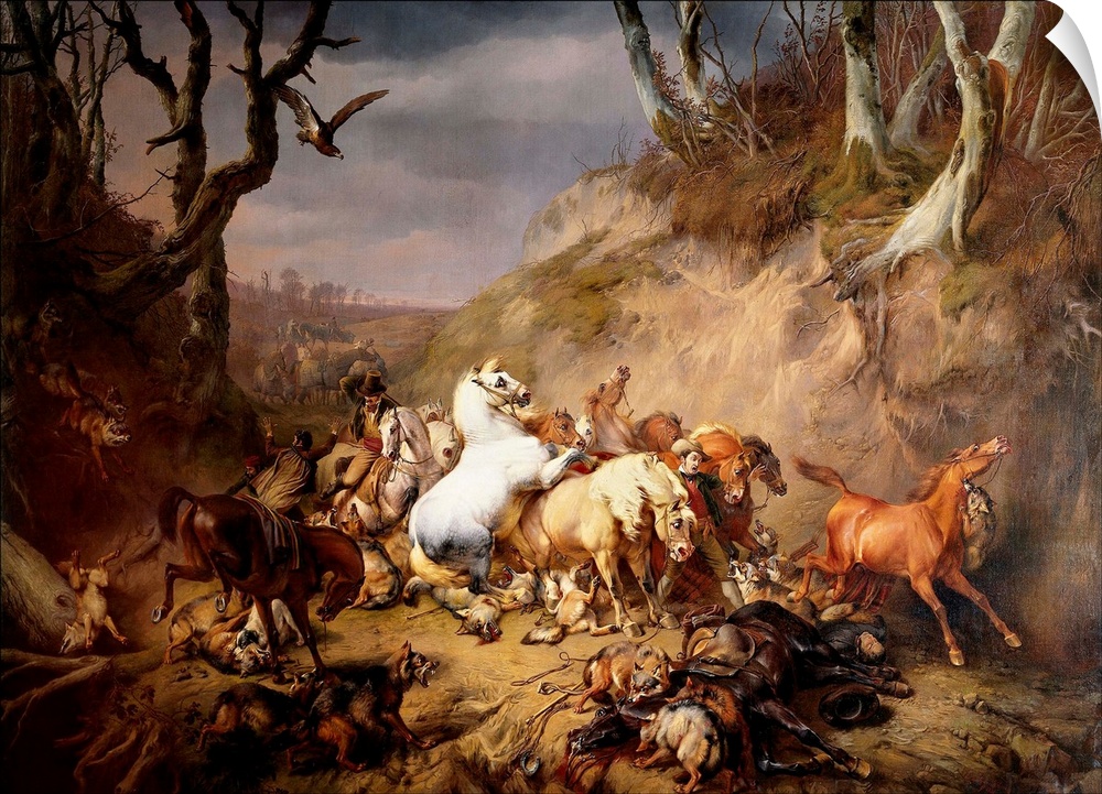 Hungry Wolves Attack a Group of Riders, by Eugene Joseph Verboeckhoven, 1986, Dutch painting, oil of canvas. Violence scen...