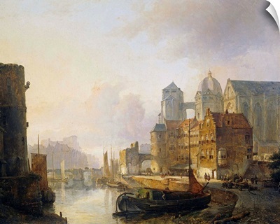Imaginary View of a Riverside Town with Aachen Cathedral, 1846, Dutch painting