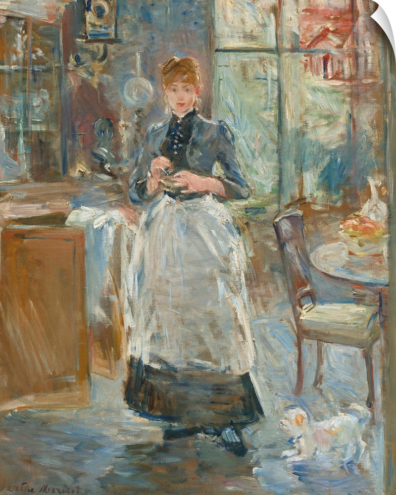 In the Dining Room, by Berthe Morisot, 1886, French impressionist painting, oil on canvas. Morisot's bold brushwork animat...