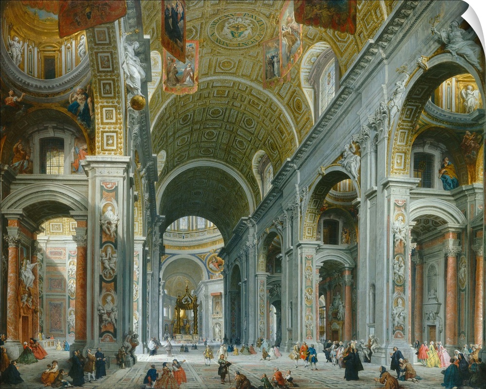 Interior of Paint Peter's, Rome, by Giovanni Paolo Panini, 1754, Italian painting, oil on canvas. Panini painted at least ...