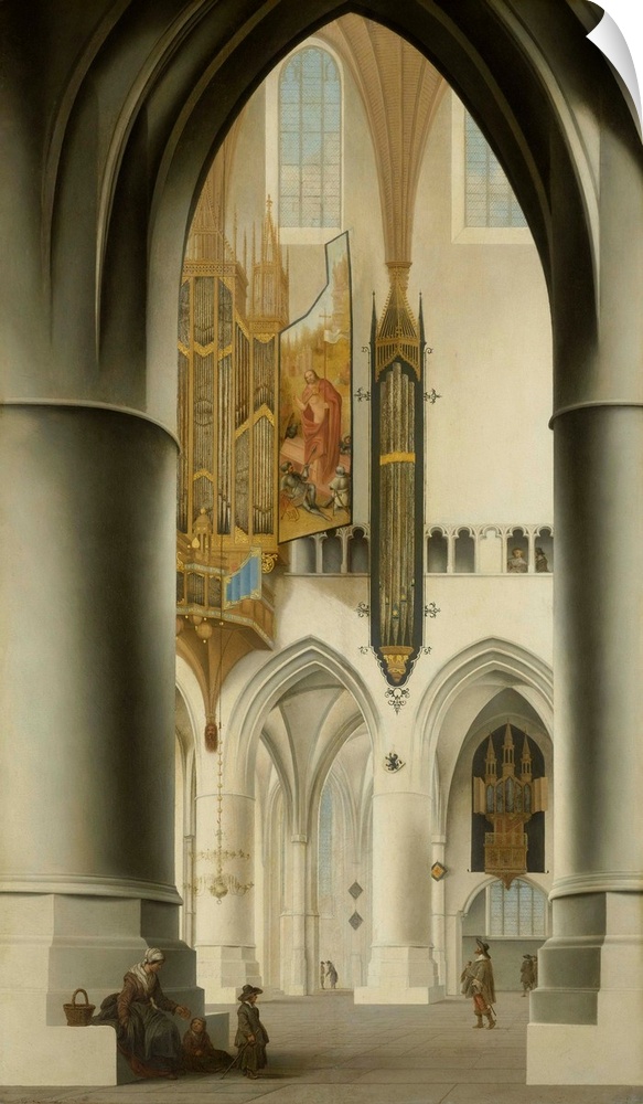 Interior of the Church of St. Bavo, Haarlem, by Pieter Saenredam, 1636, Dutch painting, oil on panel. The old organ, which...