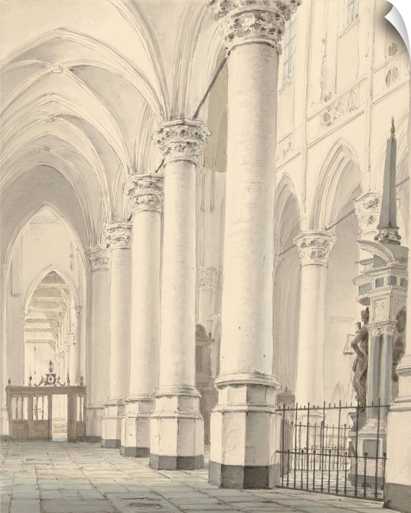Interior of the New Church in Delft, by Johannes Jelgerhuis, 1819, Dutch watercolor painting.