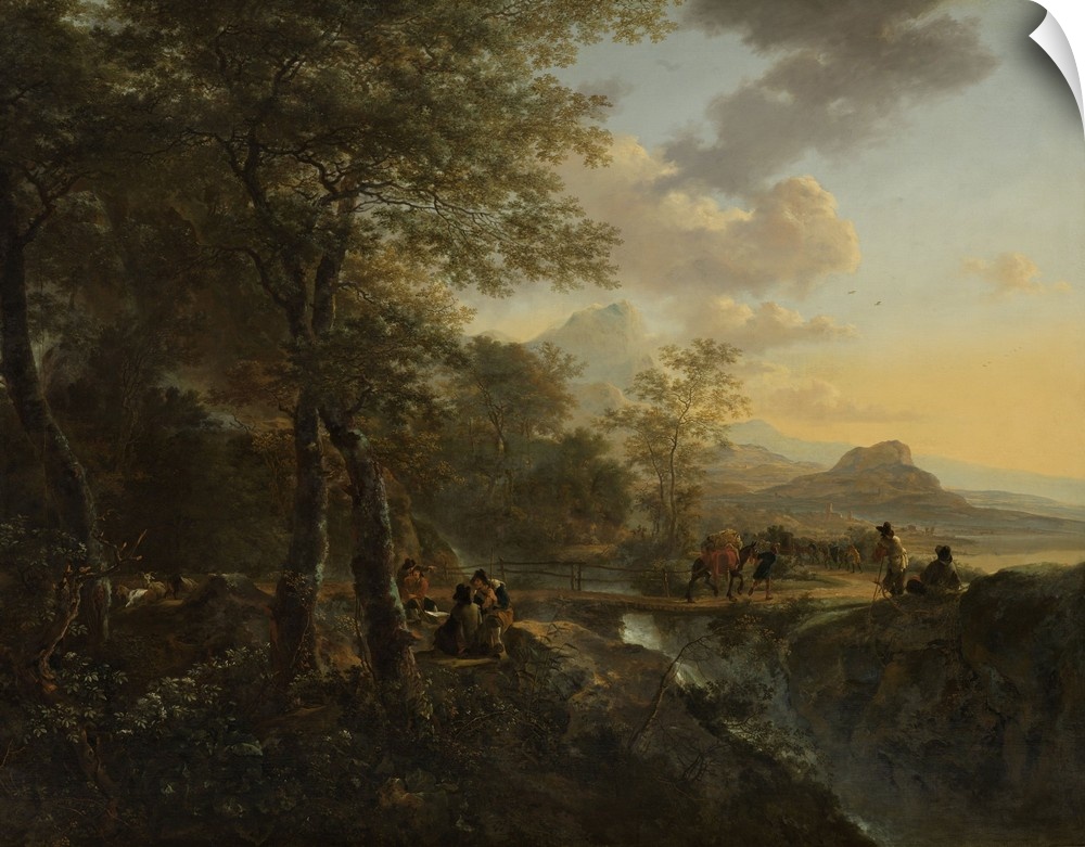 Italian Landscape with a Draughtsman, by Jan Both, 1650-52, Dutch painting, oil on canvas. Walking and riding travelers pa...