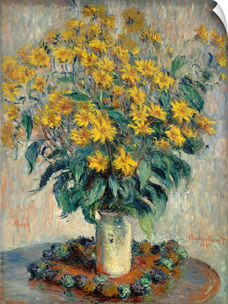 Jerusalem Artichoke Flowers, by Claude Monet, 1880, French impressionist painting, oil on canvas. Flower still life of 188...