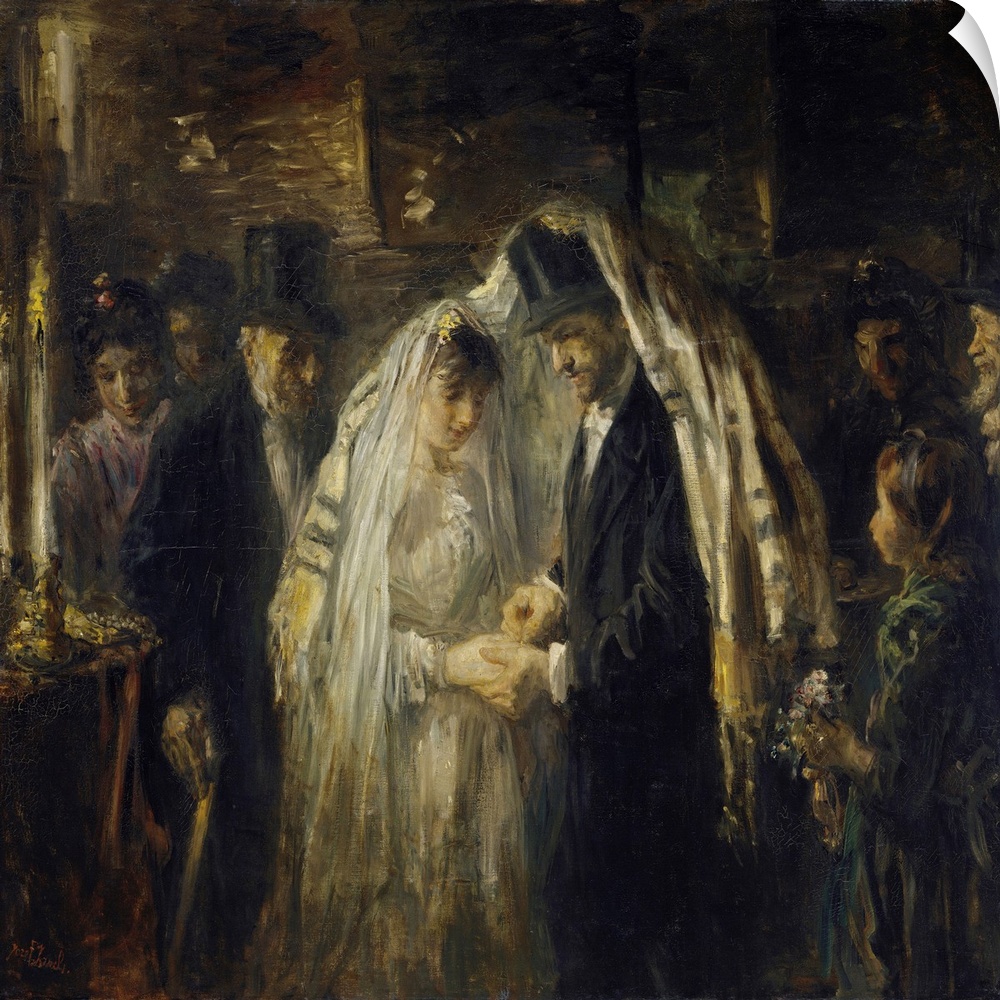 Jewish Wedding, by Jozef Israels, 1903, Dutch painting, oil on canvas. The bride and groom are under the prayer shawl, as ...