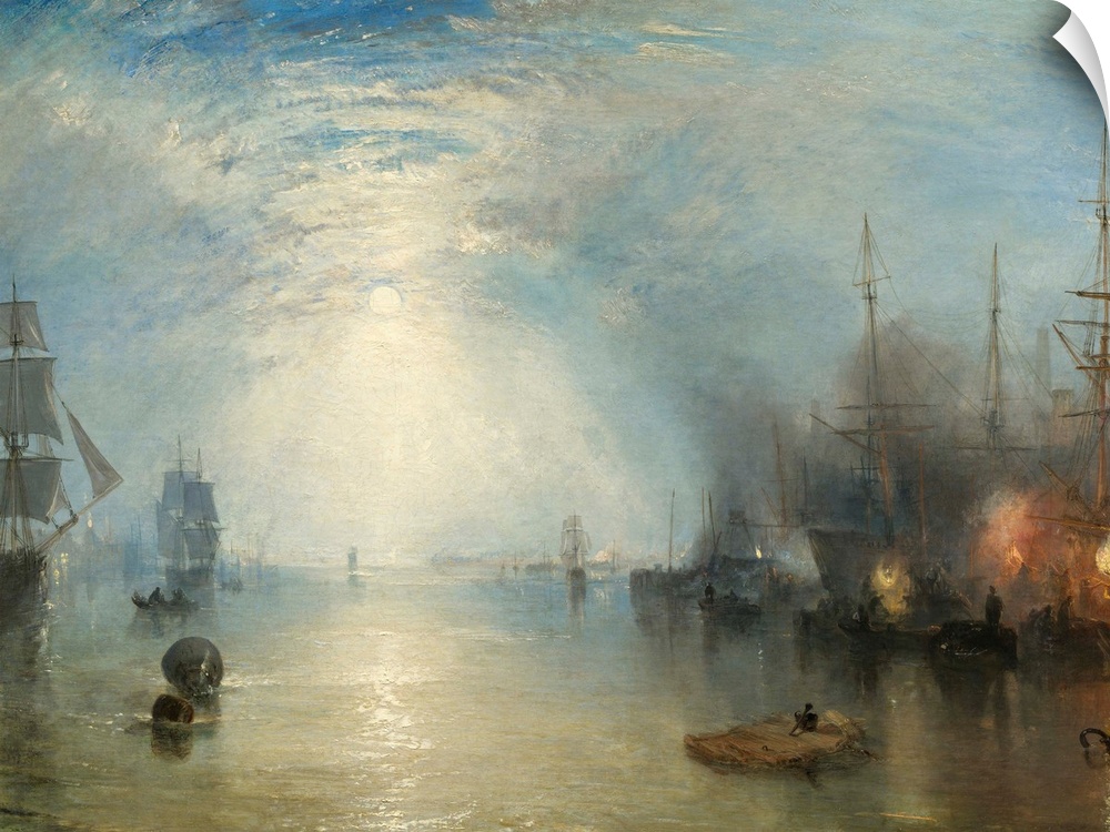 Keelmen Heaving in Coals by Moonlight, by Joseph Turner, 1835, English painting, oil on canvas. Workers are loading coal o...