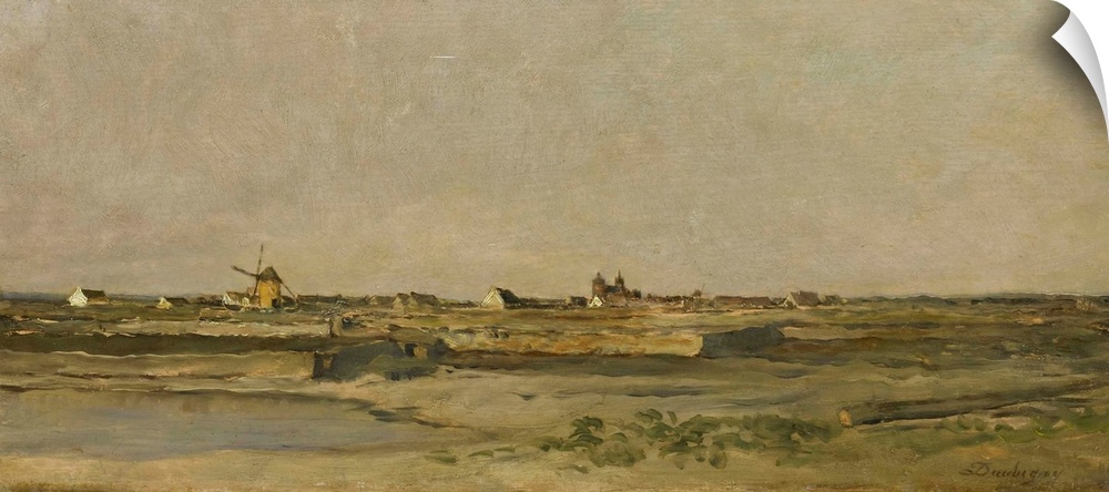 Landscape, by Charles Fran?ois Daubigny, 1840-78, French painting, oil on panel. Flat coastal plain with a windmill and di...
