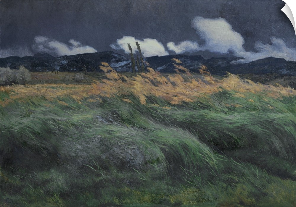 Landscape, by Louis Patru, 1895-1905, Swiss painting, oil on canvas. Landscape with windblown grass and grain with a low m...
