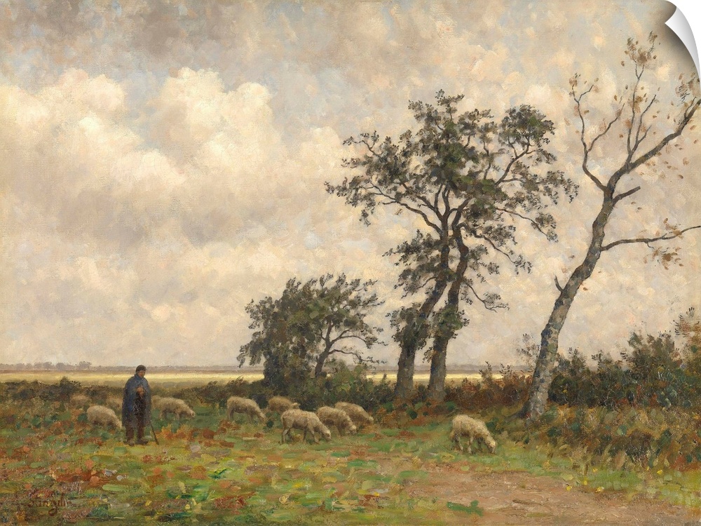 Landscape in Drenthe, by Alphonse Stengelin, 1875-1910, Dutch painting, oil on canvas. A shepherd with a flock of sheep wi...