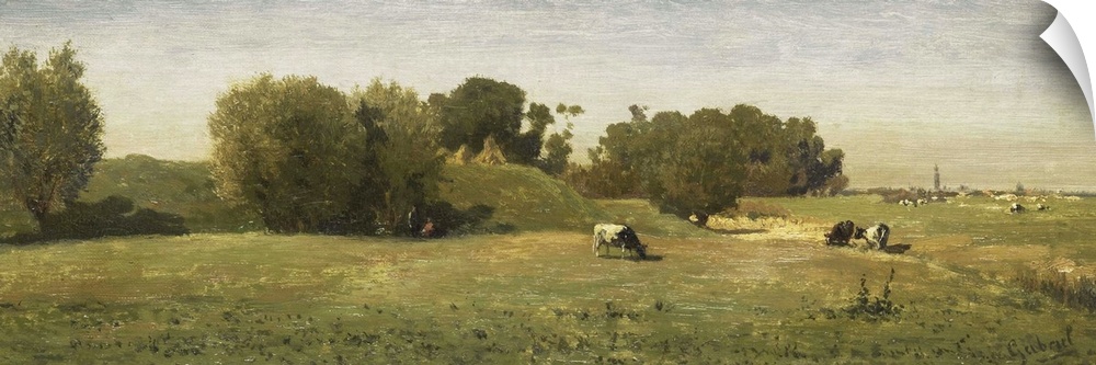 Landscape near Abcoude, Paul Joseph Constantin Gabriel, 1860-70, Dutch painting, oil on panel. Cows in pasture near ancien...