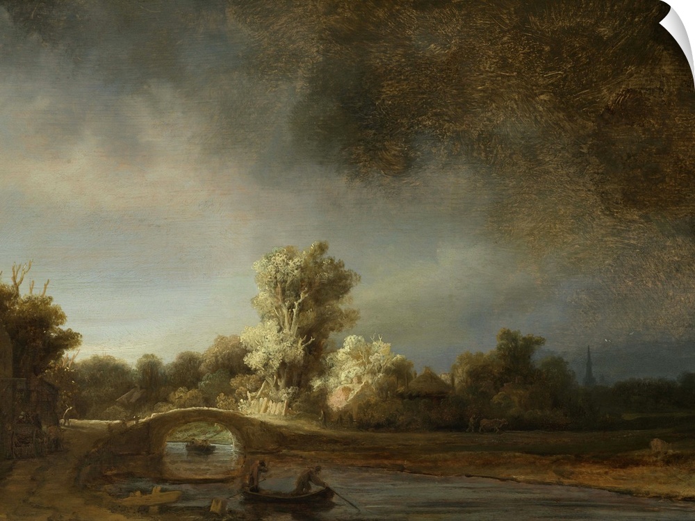 Landscape with a Stone Bridge, by Rembrandt van Rijn, 1638, Dutch painting, oil on panel. This is probably an imaginary st...
