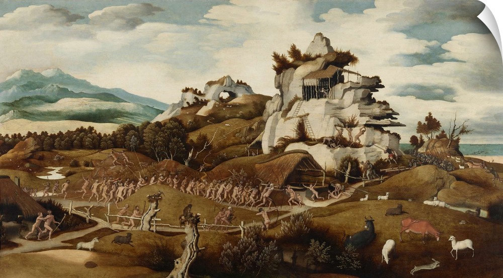 Landscape with an Episode from the Conquest of America, by Jan Mostaert, c. 1535, Netherlandish painting, oil paint. Spani...
