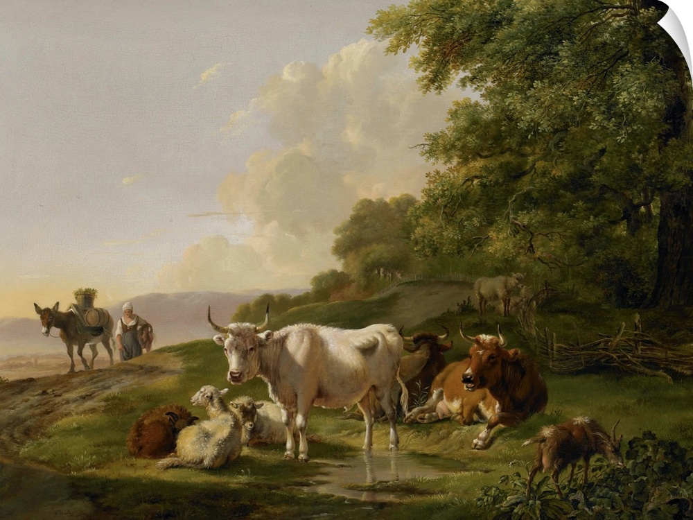 Landscape with Cattle, by Pieter Gerardus van Os, 1806, Dutch painting, oil on panel. Woman peasant on road with a loaded ...