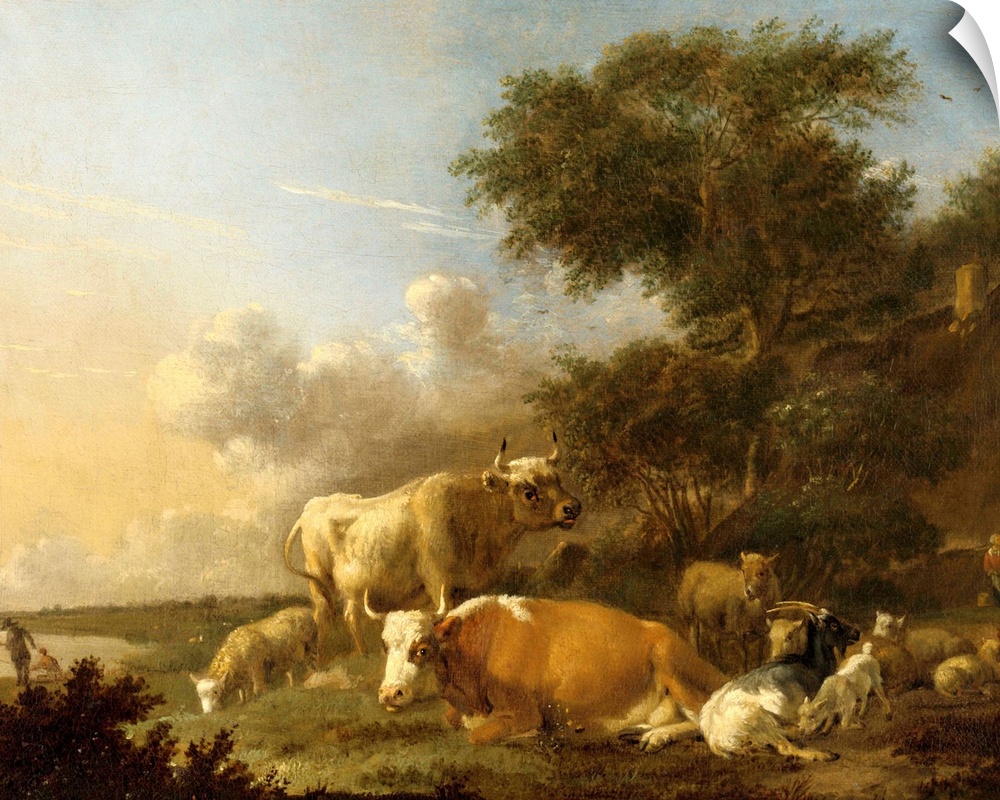 Landscape with Cows, by Albert Klomp, 1640-88, Dutch painting, oil on canvas. Animals include sheep and goats. In left bac...