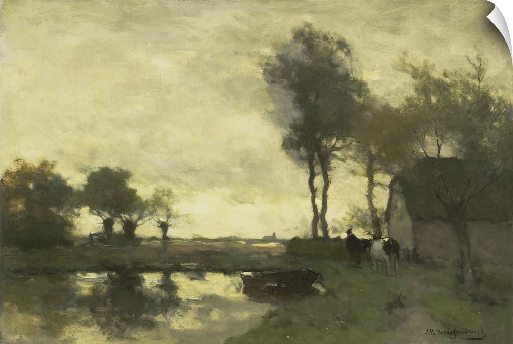 Landscape with Farm with a Pond, by Johan Hendrik Weissenbruch, 1870-1903, Dutch oil painting on canvas. A farmer leads a ...