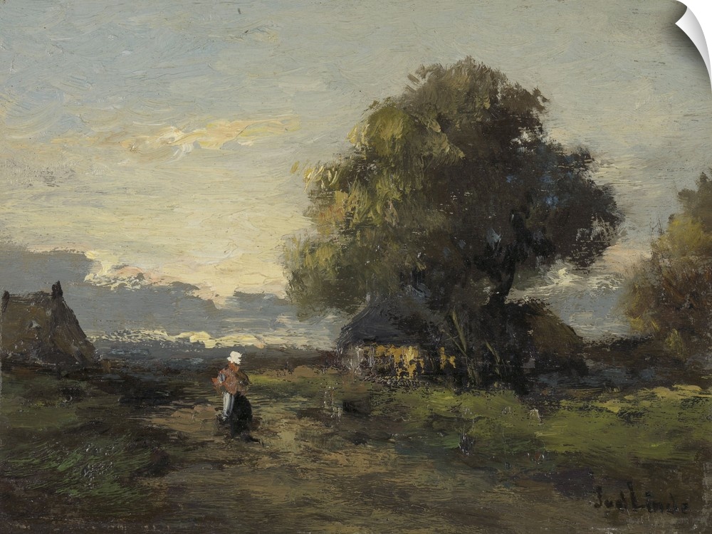 Landscape with Farmhouses, by Jan van der Linde, c. 1905-45, Dutch painting, oil on panel. A woman walks on a country road...