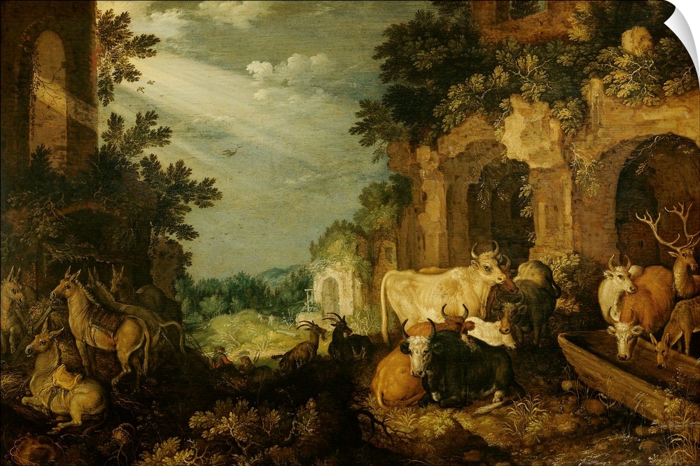 Landscape with Ruins, Cattle and Deer, by Roelant Savery, 1614-20, oil on panel. A buck and doe are at a watering trough w...