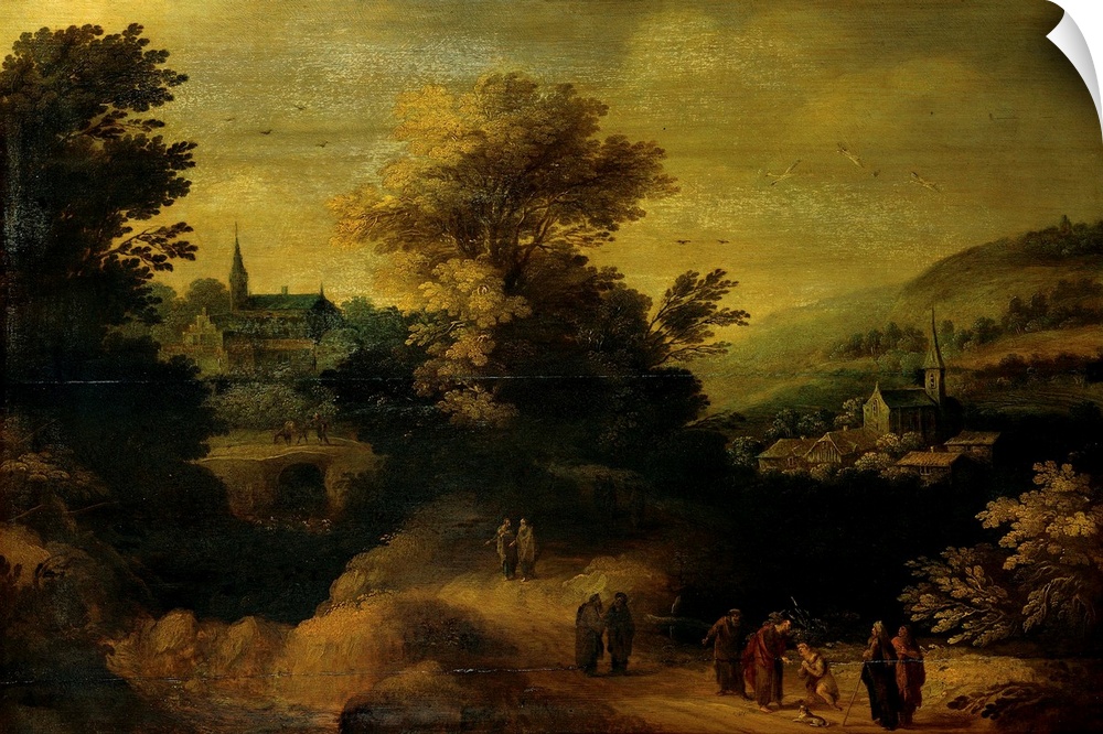 probably probably Flemish painter, Landscape with the Healing of the Blind Man, 17th Century, oil on panel, Italy, Lombard...