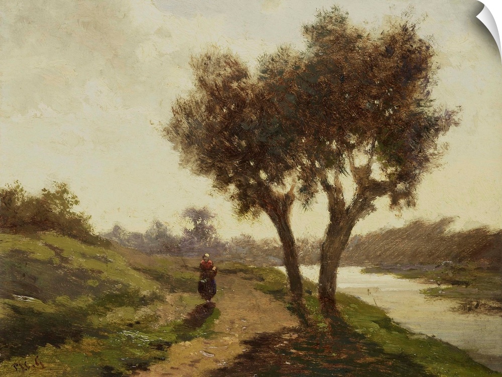 Landscape with Two Trees, by Paul Joseph Constantin Gabriel, 1860-67 Dutch painting, oil on panel. Woman walks on a path a...