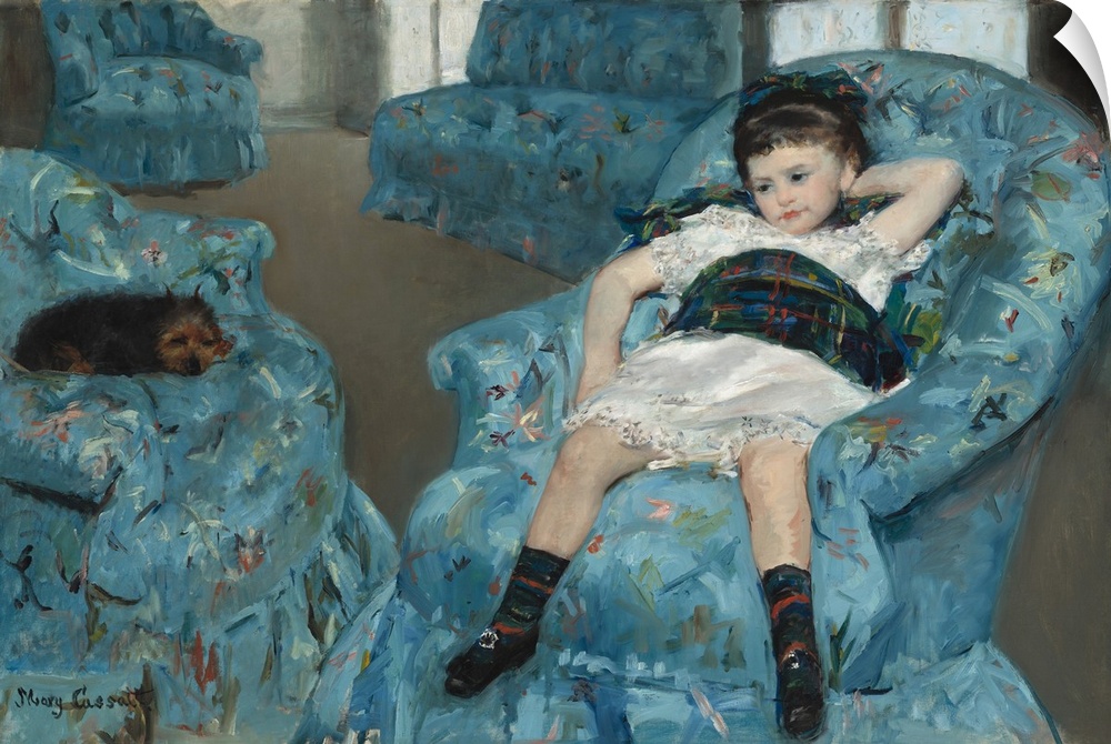 Little Girl in a Blue Armchair, by Mary Cassatt, 1878, American painting, oil on canvas. The girl's pose, sprawled in a la...