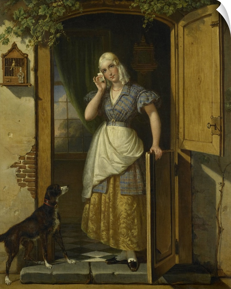 Love Note, by Johannes Hendrik van West, 1838, Dutch painting, oil on canvas. A young woman in the doorway of a house hold...