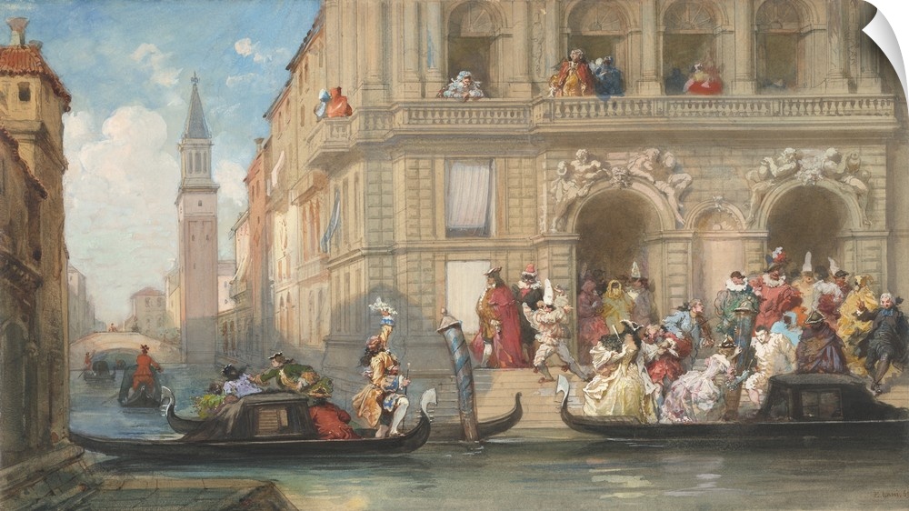 Masqueraders Boarding Gondolas before a Venetian Palazzo, by Eugene Louis Lami, 1869, French painting, watercolor, graphit...