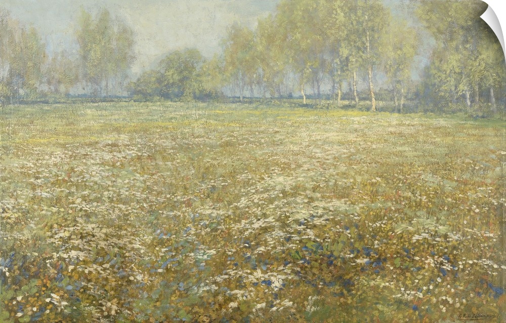 Meadow in Bloom, by Egbert Rubertus Derk Schaap, 1913, Dutch painting, oil on canvas. Flowers covered field bordered in di...