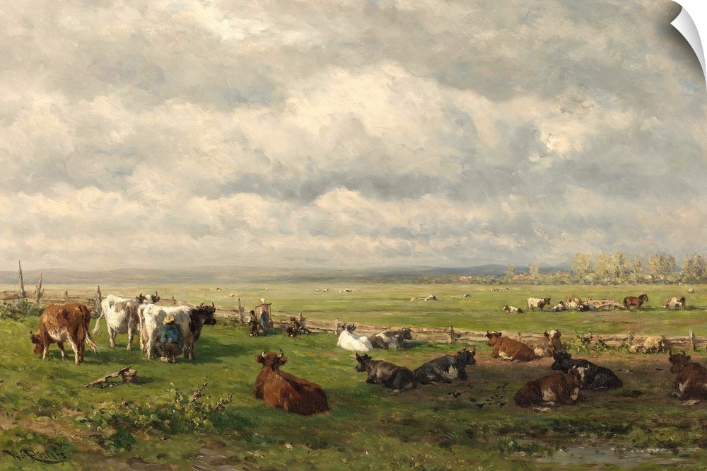 Meadow Landscape with Cattle, by Willem Roelofs 1st, c. 1880, Dutch painting, oil on canvas. Farmer milking cows in the fi...