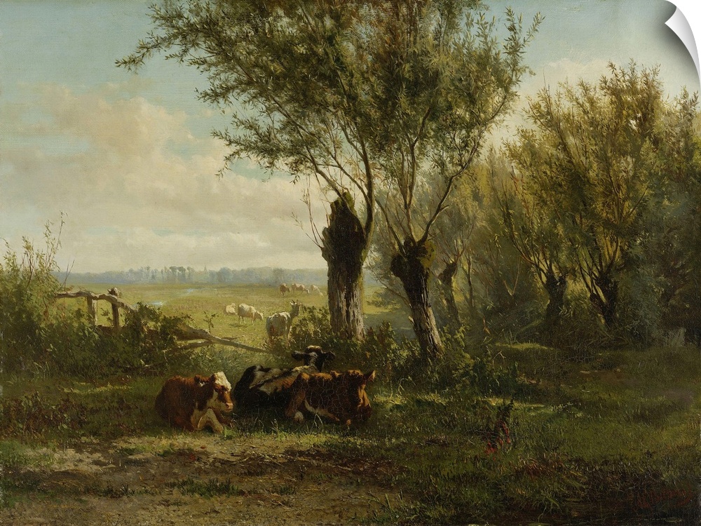 Meadow near Oosterbeek, by Gerard Bilders, 1860 Dutch painting, oil on canvas. Cow in foreground resting near pruned trees...